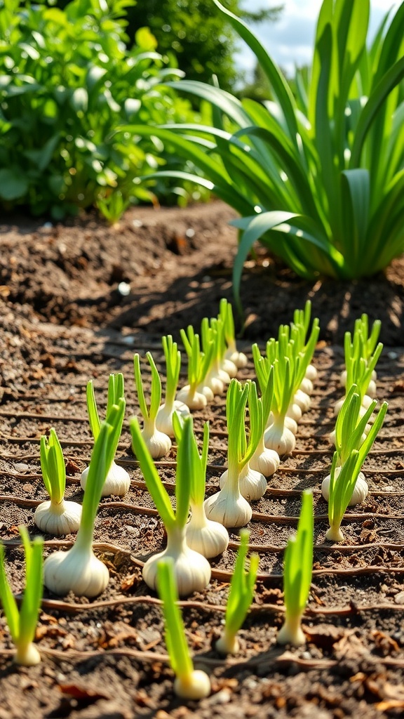 Healthy garlic plants growing in a garden with green shoots emerging from soil.